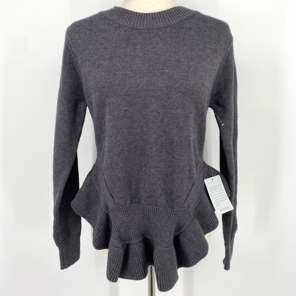 MAISIE NWT Charcoal Gray Asymmetrical Ruffle Hem Pullover Sweater Size Small
